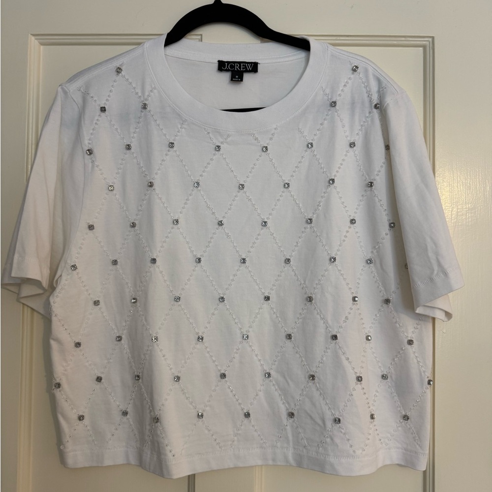 J. Crew White Short Sleeve Top with Crystal Accents